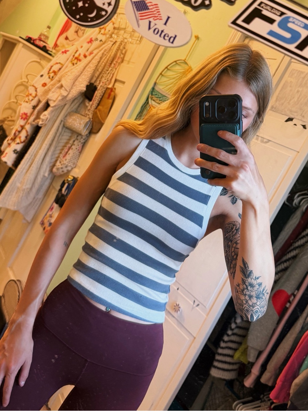 Striped Sleeveless Ribbed Tank Top - Blue & White